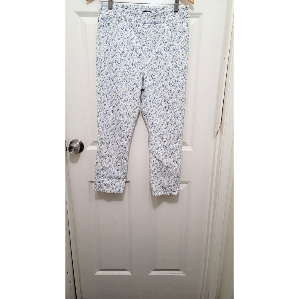 Mario Serrani Stretch Womens Cropped White & Blue Floral Pants With Pockets Size